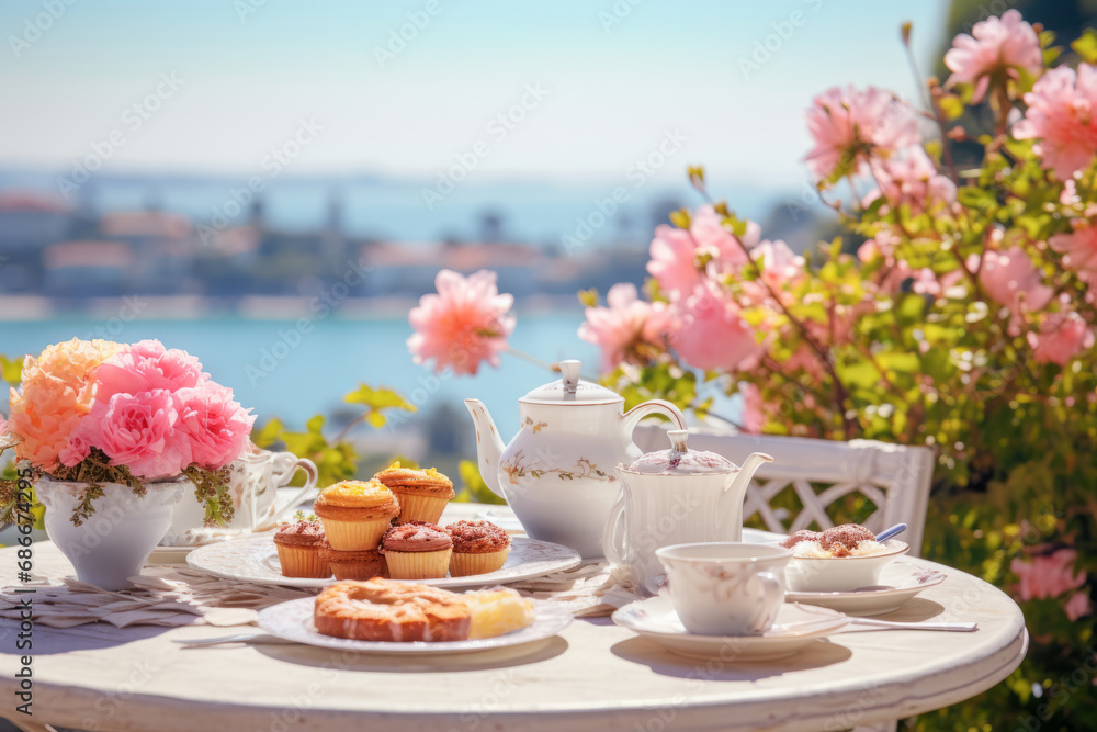 Breakfast on a terrace with blooming flowers and a sea view on a sunny day. Generative AI Breakfast on a terrace with blooming flowers and a sea view on a sunny day. Generative AI