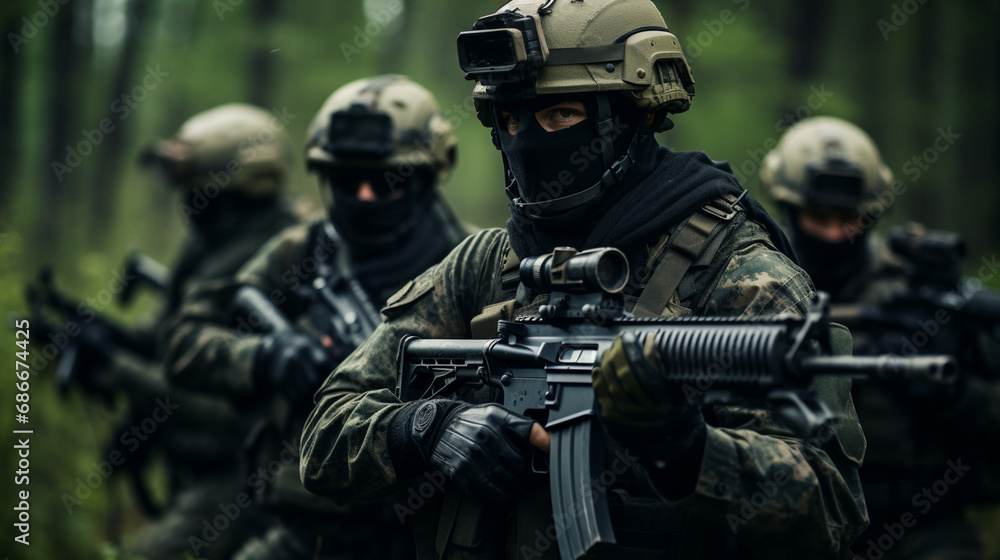 soldiers in uniform and outfitters with weapons in hand. soldiers in uniform and outfitters with weapons in hand.