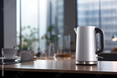 Empty airy kitchen interior and modern electric kettle. Generative AI