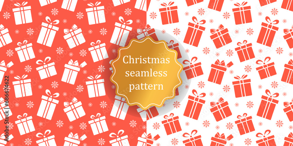 Christmas seamless pattern gift box and snowflakes on white and red background, vector illustration
