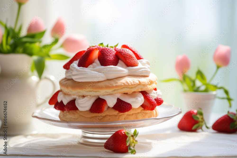 Strawberry shortcake with tulips to the side. A spring food concept on light sunny background. Generative AI Strawberry shortcake with tulips to the side. A spring food concept on light sunny background. Generative AI