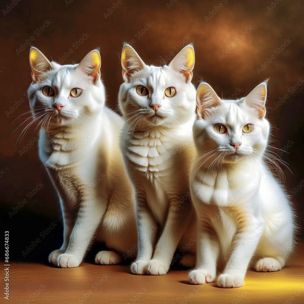 Three beautiful purebred cats on a plain background