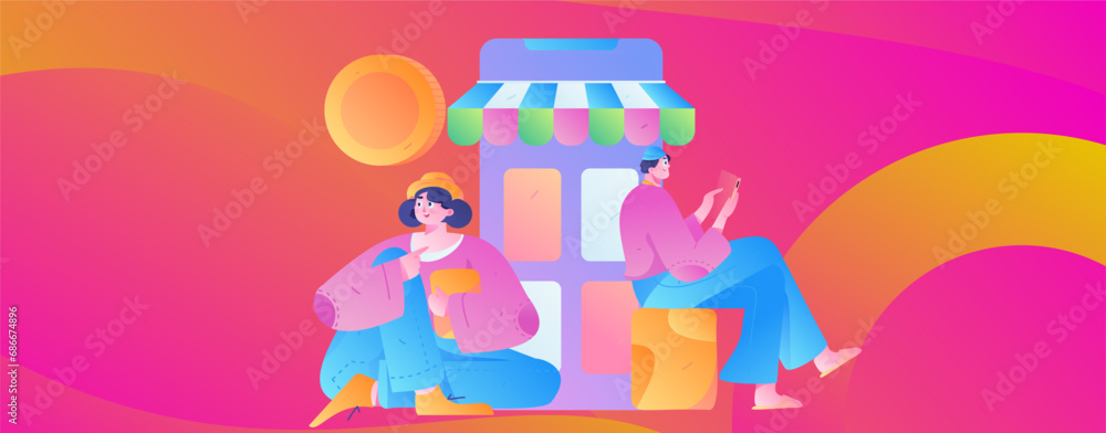 Naklejka premium Festive Shopping E-Commerce Online Shopping People Flat Vector Concept Operation Hand Drawn Illustration 