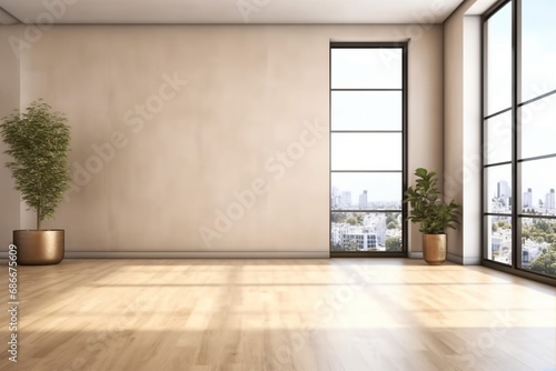 Modern interior design of apartment, empty living room with beige wall, panorama. generative ai. © SEUNGJIN
