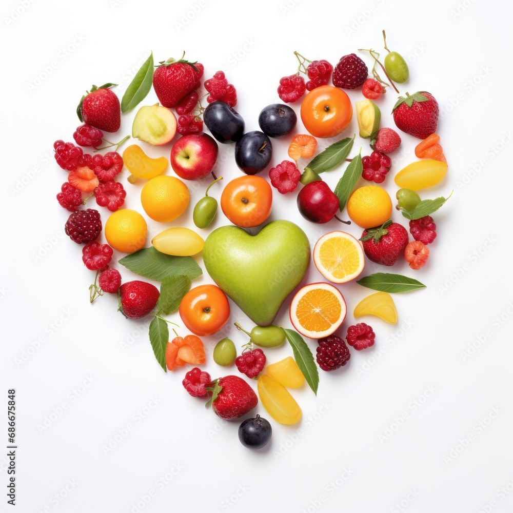 heart shaped fruits and berries on white background heart shaped fruits and berries on white background