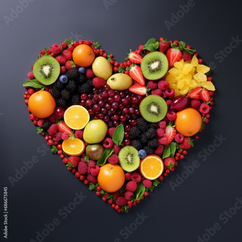 heart shaped fruits and berries on black background