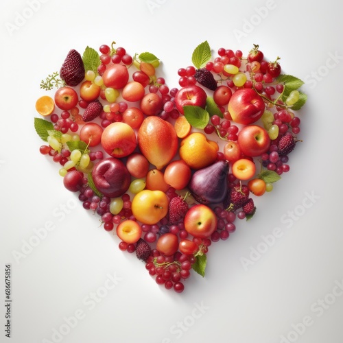 heart shaped fruits and berries on white background