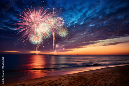 Fireworks at the sunset beach.Celebration for new year and holiday