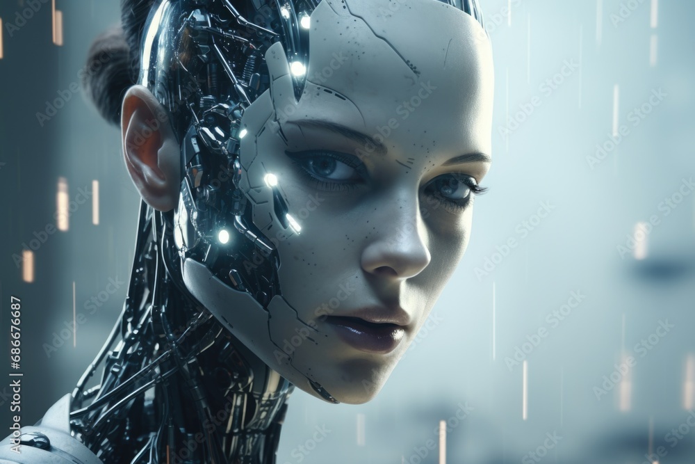A picture of a woman with a futuristic head and face. This image can be used to depict advanced technology, artificial intelligence, virtual reality, or futuristic fashion.