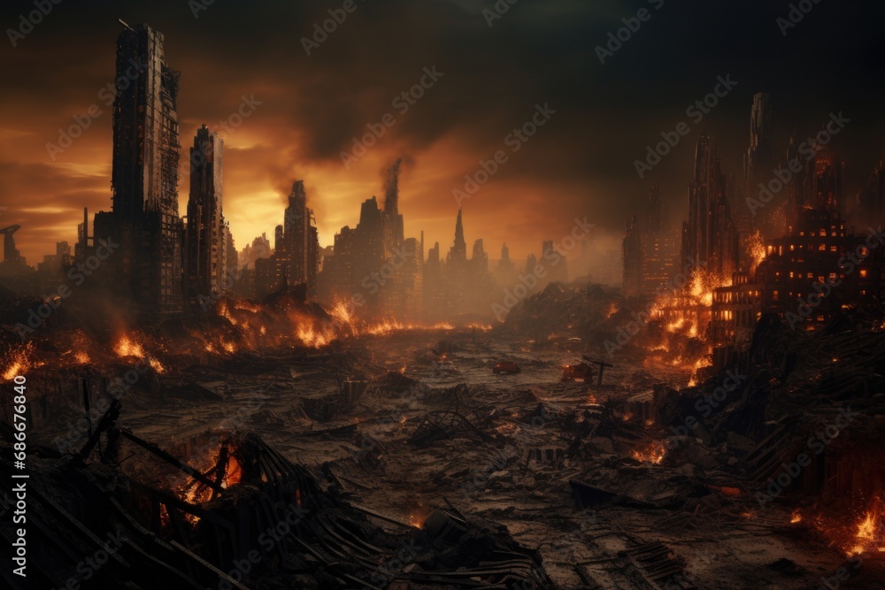 A city burning in a devastating fire, with billowing smoke and flames consuming buildings. 