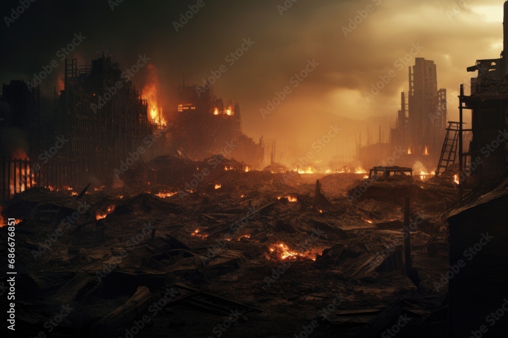 A powerful image capturing a city consumed by raging fire. 