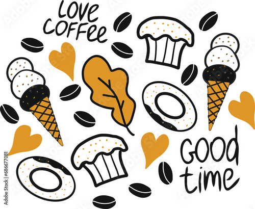 Vector drawing in doodle style on the theme of love coffee. Cartoon drawing of coffee, ice cream, sweets. Pattern for packaging, printing, banner. Design elements.