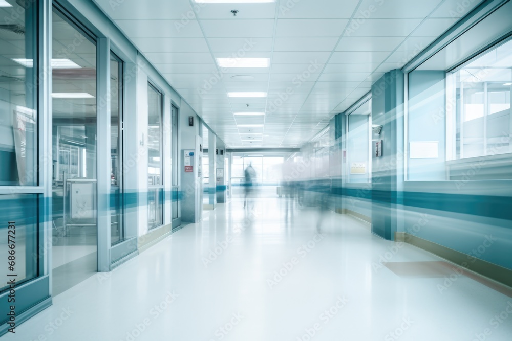 A blurry photo of a hospital hallway. Can be used to depict movement, urgency, or a sense of mystery.