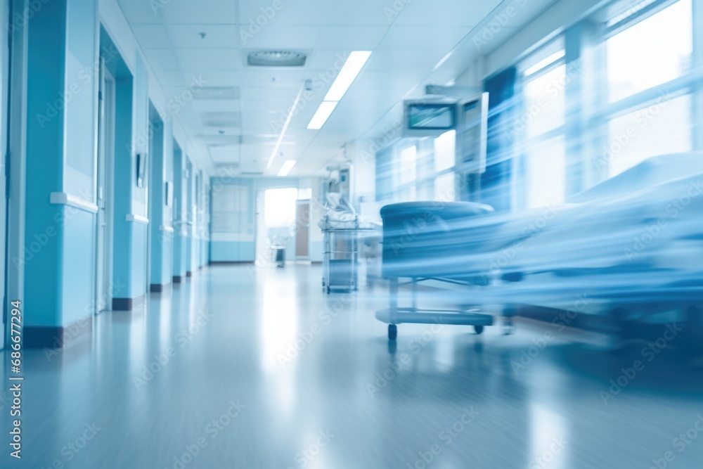 A blurry photo capturing the atmosphere of a hospital hallway. Can be used to depict a busy medical facility or to create an abstract and mysterious ambiance in design projects.