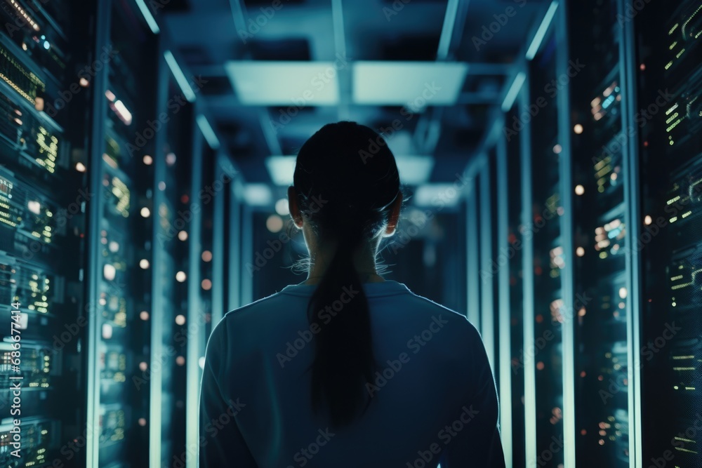 Fototapeta premium A woman standing in front of a row of servers. This image can be used to illustrate technology, data management, and network infrastructure.