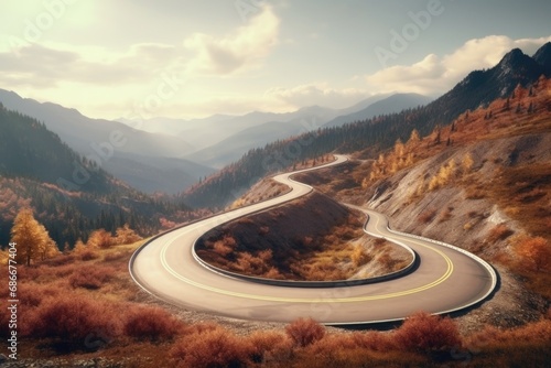 A picturesque winding road surrounded by majestic mountains. Perfect for travel and adventure themes.