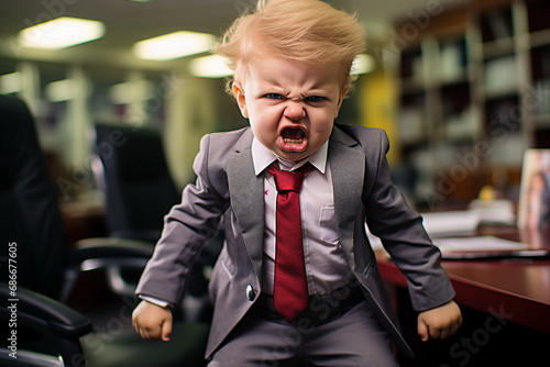 angry baby in suit in office
