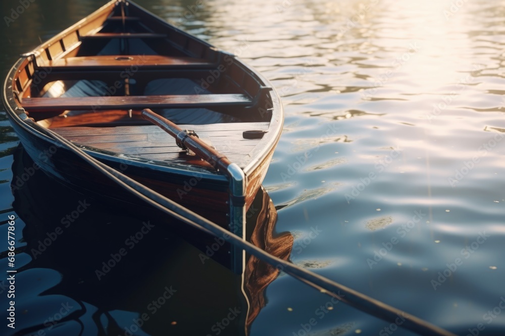 Obraz premium A small boat tied to a rope in a body of water. Suitable for nautical and leisure concepts.
