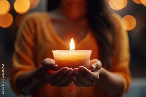 A woman holding a lit candle in her hands. This image can be used to represent relaxation, meditation, prayer, or as a symbol of hope and guidance.