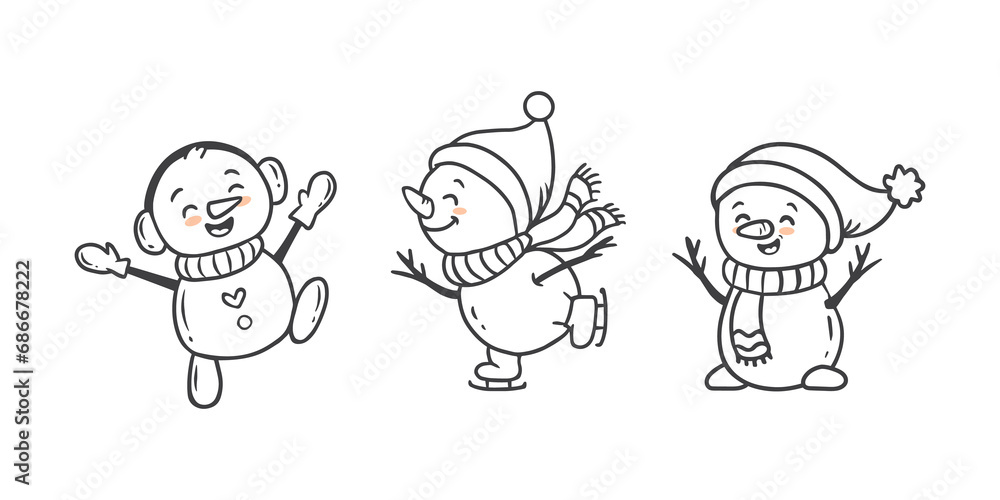 set of cartoon christmas snowman doodle style. Funny snowman wearing hat, scarf and mittens on white background. Snowman is skating. Xmas.