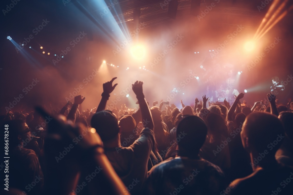 A vibrant image capturing a crowd of people at a concert, all with their hands raised in excitement. Perfect for showcasing the energy and enthusiasm of live music events.