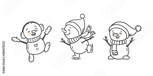 set of cartoon christmas snowman doodle style. Funny snowman wearing hat  scarf and mittens on white background. Snowman is skating. Xmas.