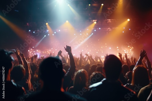 A lively crowd of people at a concert, raising their hands in excitement.