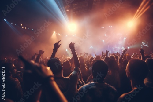 A vibrant image capturing a crowd of people at a concert, all with their hands raised in excitement. Perfect for showcasing the energy and enthusiasm of live music events.
