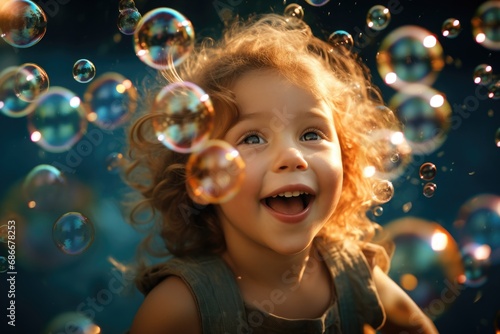 A cute little girl standing in front of a bunch of bubbles. Perfect for capturing the joy and innocence of childhood. Ideal for use in advertisements, blog posts, or social media content.
