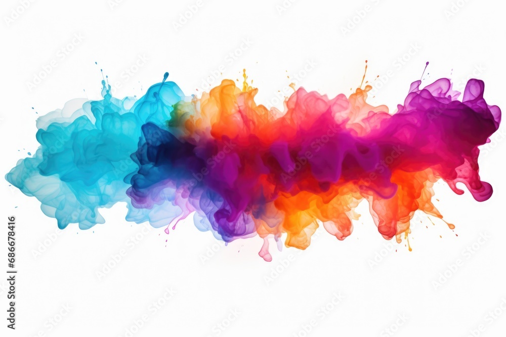 A vibrant and dynamic multicolored cloud of ink captured on a clean white background. This image can be used for various creative projects and designs.