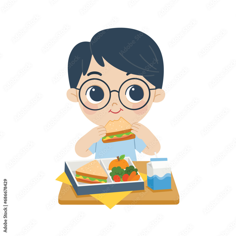 Kid having delicious food. Happy boy enjoy eating delicious sandwiches. Lunchboxes with sandwiches, fruits, vegetables, and Milk.