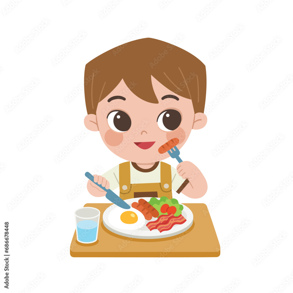 Kid having delicious food. Happy boy enjoy eating breakfast with fried eggs, bacon, sausages and fresh salad Kid having delicious food. Happy boy enjoy eating breakfast with fried eggs, bacon, sausages and fresh salad