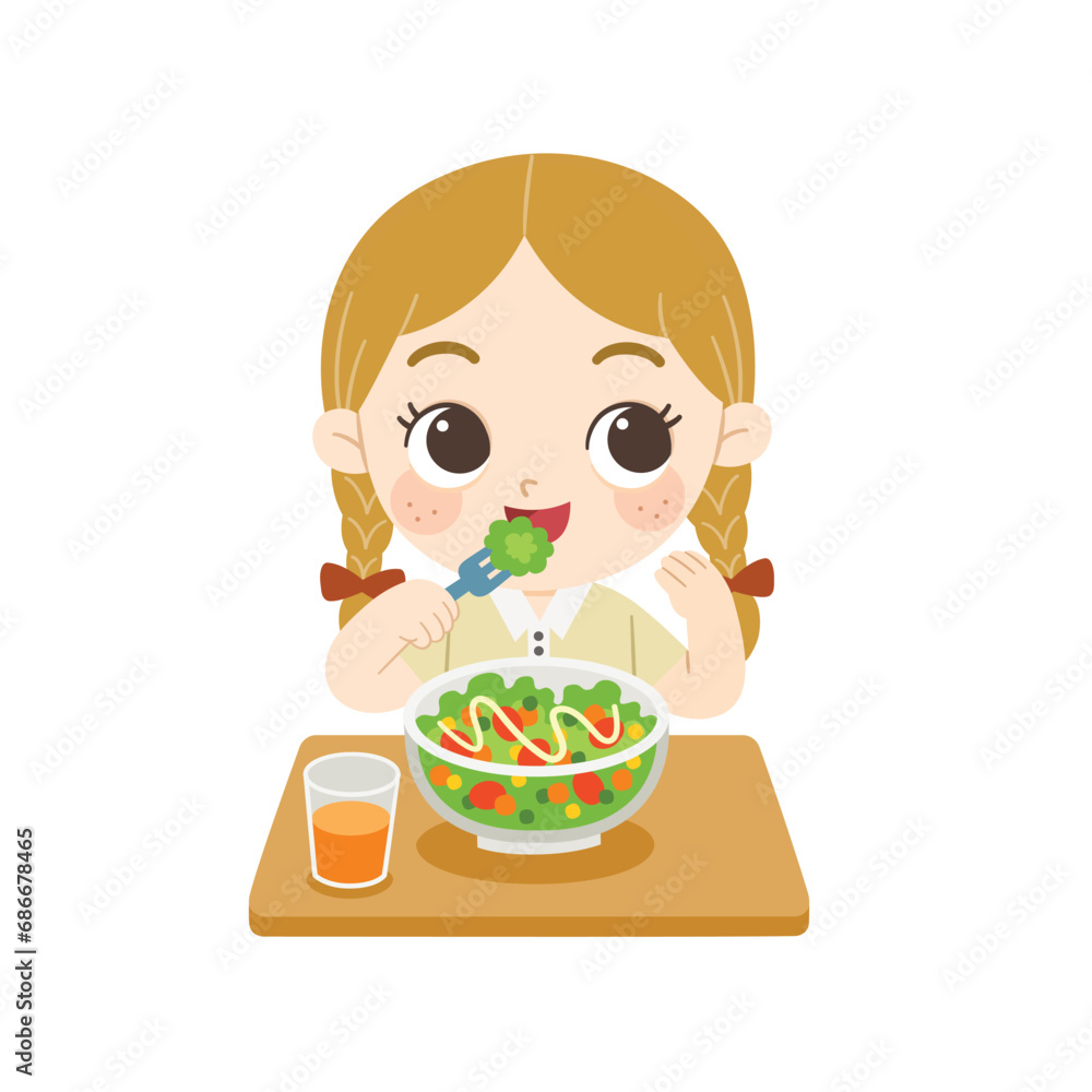 Kid having delicious food. Happy girl enjoy eating fresh salad and orange juice. Kid having delicious food. Happy girl enjoy eating fresh salad and orange juice.