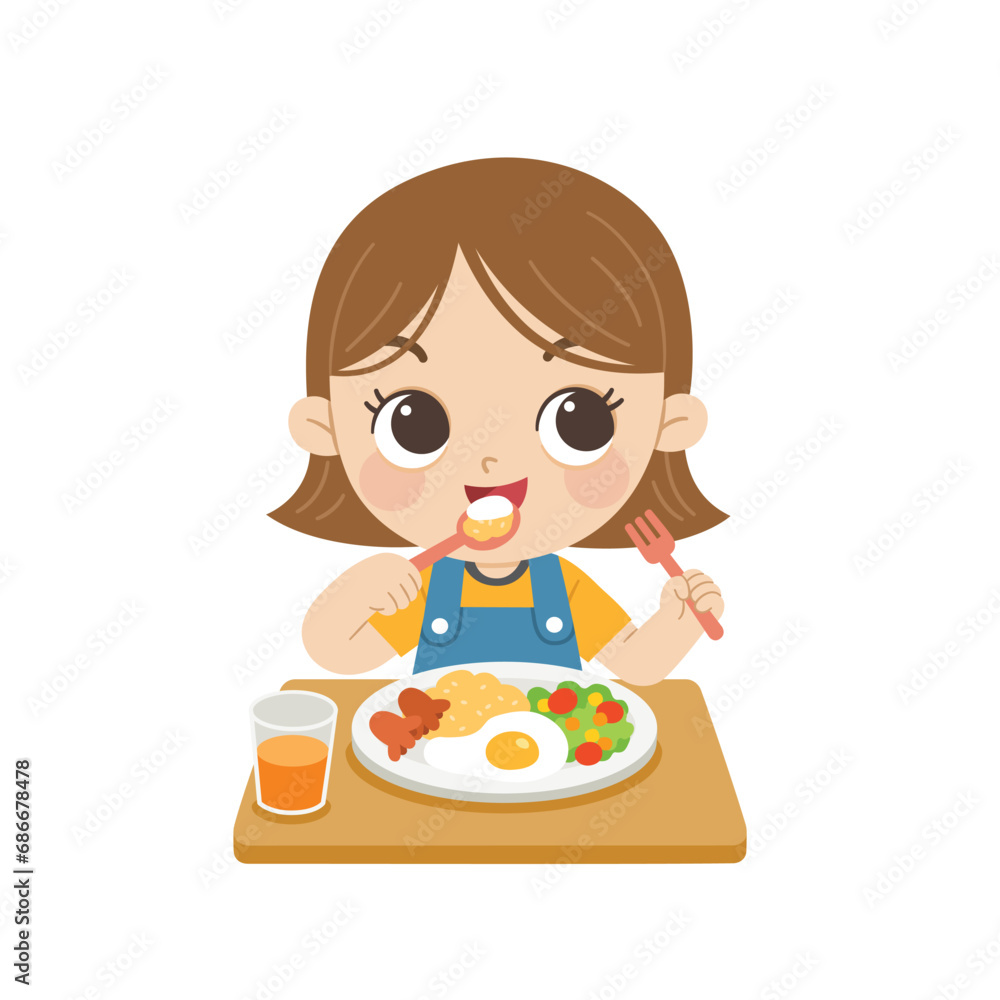 Kid having delicious food. Happy girl enjoy eating American fire rice. Kid having delicious food. Happy girl enjoy eating American fire rice.