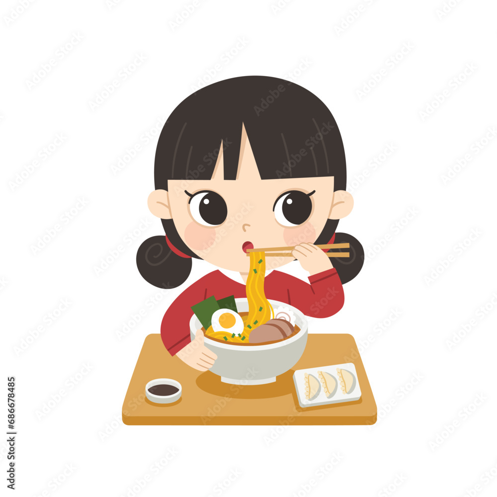 Kid having delicious food. Happy girl enjoy eating Asian noodle soup and fresh boiled dumplings.
