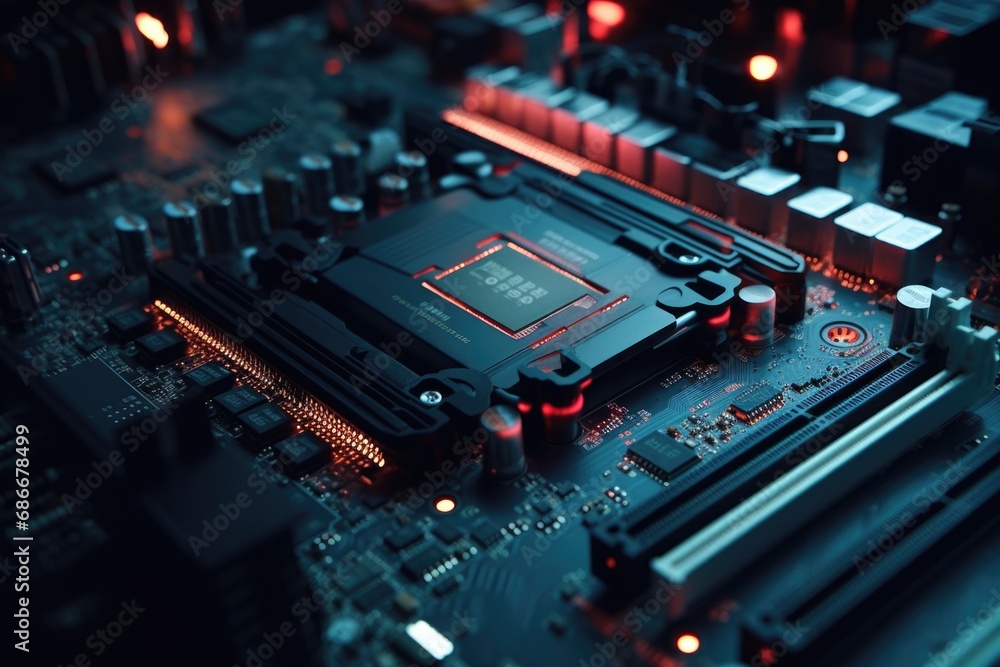 A detailed close-up shot of a computer motherboard. This image can be used to illustrate technology, computer hardware, or the inner workings of a computer. A detailed close-up shot of a computer motherboard. This image can be used to illustrate technology, computer hardware, or the inner workings of a computer.