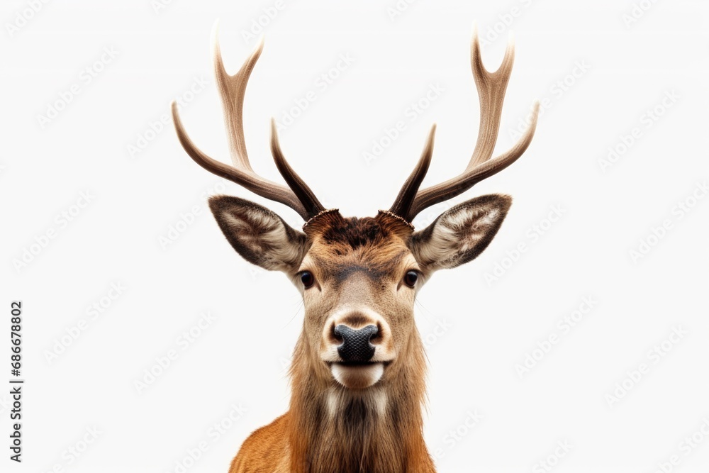A close-up photograph of a deer's head, showcasing its majestic antlers, against a clean white background. Perfect for nature enthusiasts and wildlife-related projects. A close-up photograph of a deer's head, showcasing its majestic antlers, against a clean white background. Perfect for nature enthusiasts and wildlife-related projects.