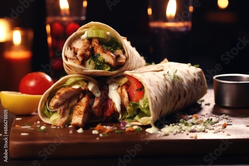 A halved burrito is placed on a cutting board, showcasing its delicious ingredients. This image can be used in food blogs, restaurant menus, or cooking tutorials.