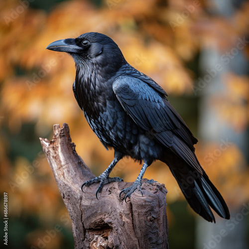 Black raven on tree blurred background closeup, ai technology