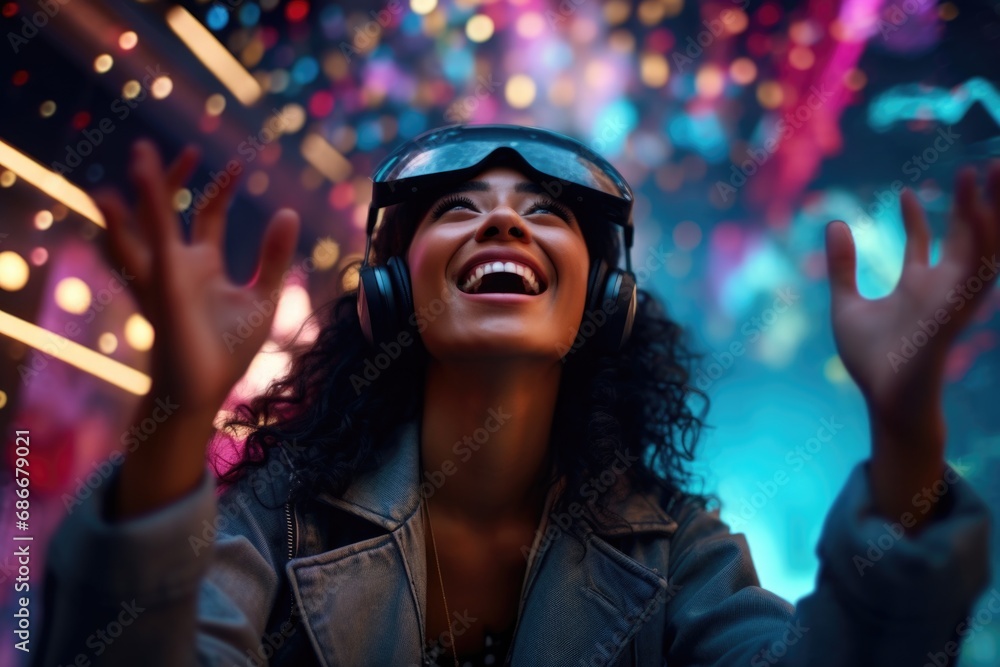 A woman is seen wearing a virtual reality headset while standing in a vibrant nightclub. This image can be used to illustrate the concept of modern technology and entertainment.