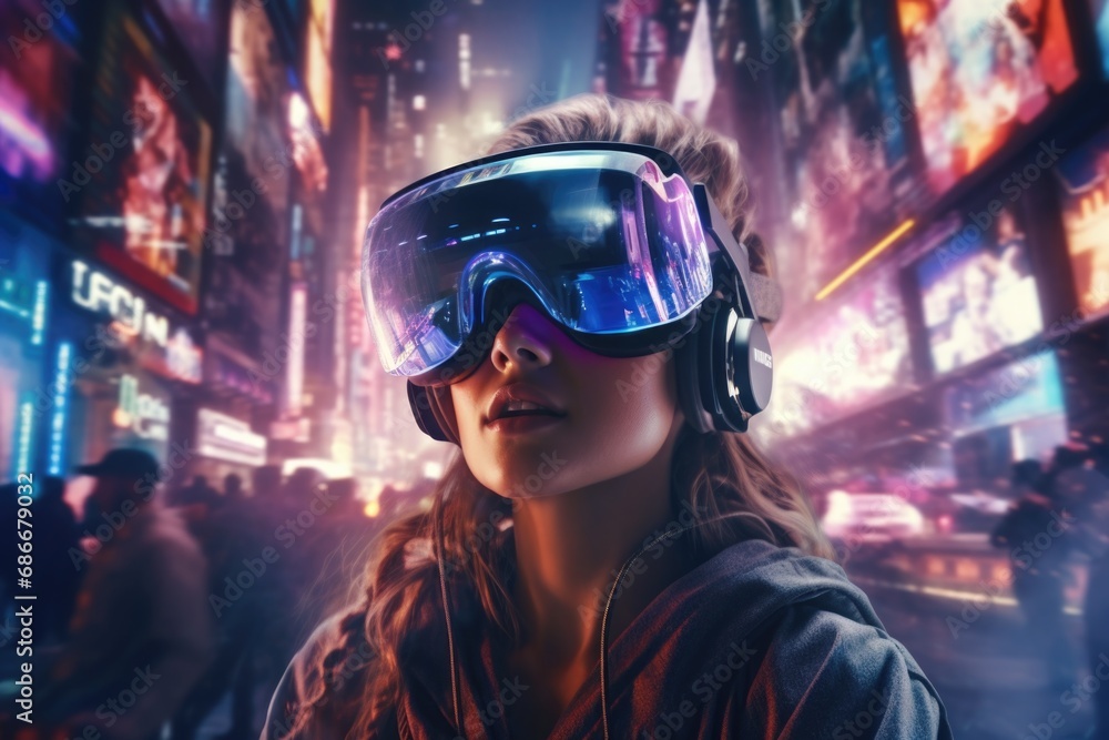 A woman wearing a helmet and goggles is pictured on a city street. This image can be used to showcase urban transportation, safety gear, or cycling in the city. A woman wearing a helmet and goggles is pictured on a city street. This image can be used to showcase urban transportation, safety gear, or cycling in the city.