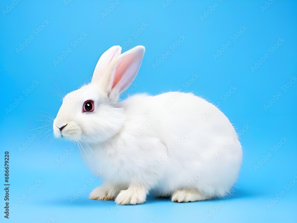 Cute white rabbit on blue background, studio shot. Easter bunny. AI.
