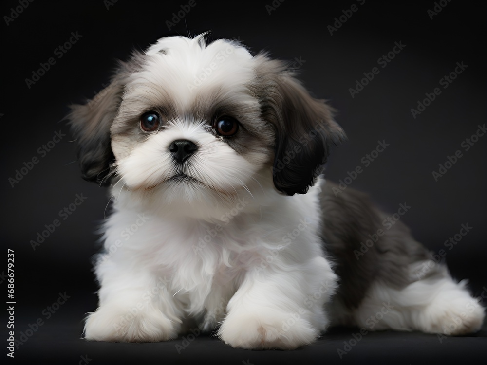 Studio shot of an adorable Shih Tzu sitting on black background. AI. Studio shot of an adorable Shih Tzu sitting on black background. AI.