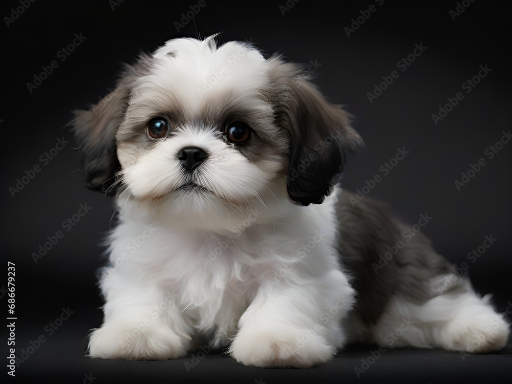 Studio shot of an adorable Shih Tzu sitting on black background. AI.