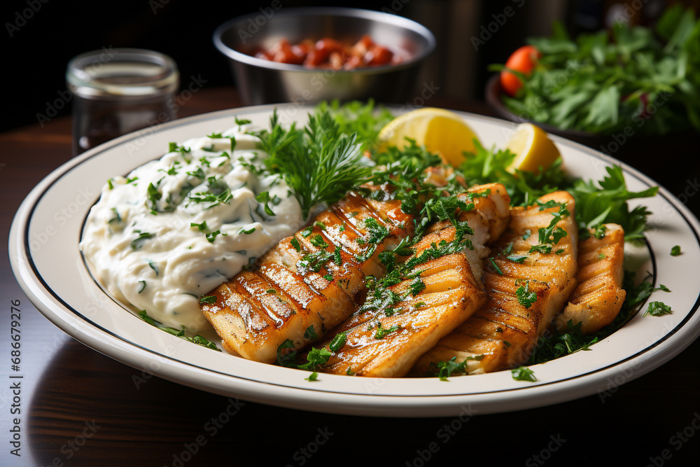 Grilled salmon with parsley and tartar sauce on wooden background Grilled salmon with parsley and tartar sauce on wooden background