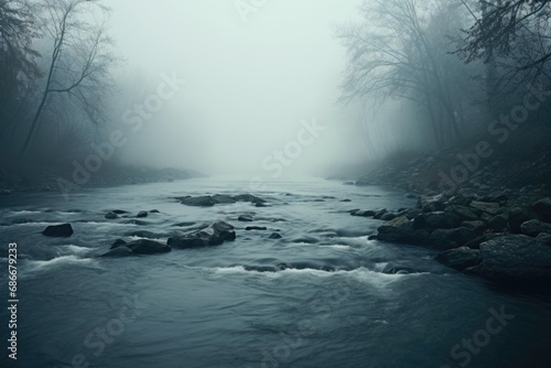 A serene river flowing through a misty forest. Perfect for nature and landscape themes.