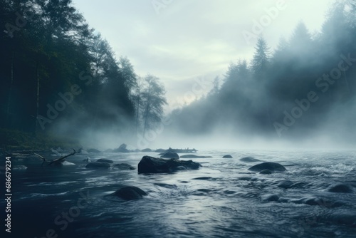 A serene image of a foggy river with rocks and trees in the background. Perfect for nature lovers and landscape enthusiasts.