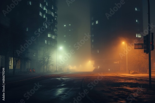 A misty street illuminated by streetlights at night with buildings in the background. Ideal for urban cityscape or atmospheric scenes.