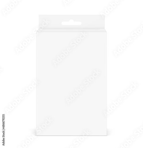 White package box with hang slot mockup for electronic and mobile accessories, medicaments. Front view. Vector illustration isolated on white background. Ready and simple to use for your design.EPS10