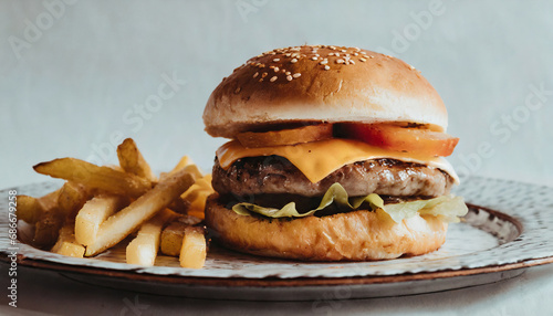  A tasty hamburger with fries, fast food